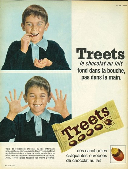 visuel de la publicité des années 60 avec un jeune garçon qui mange des Treets