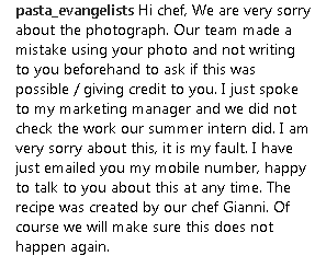 The public apology from Pasta Evangelists on @onepoundmeals, Instagram