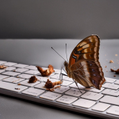 Un papillon et des miettes sur un clavier Apple 