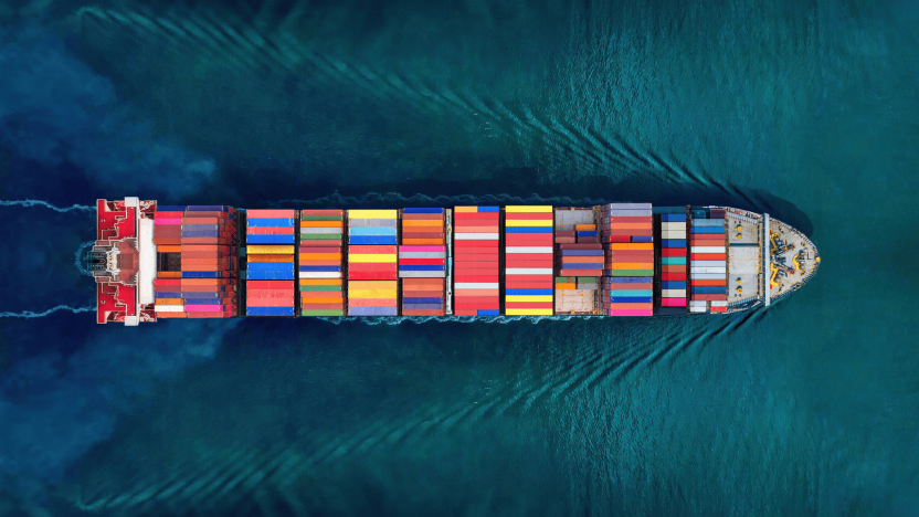 International IP protection and trade, image of container ship